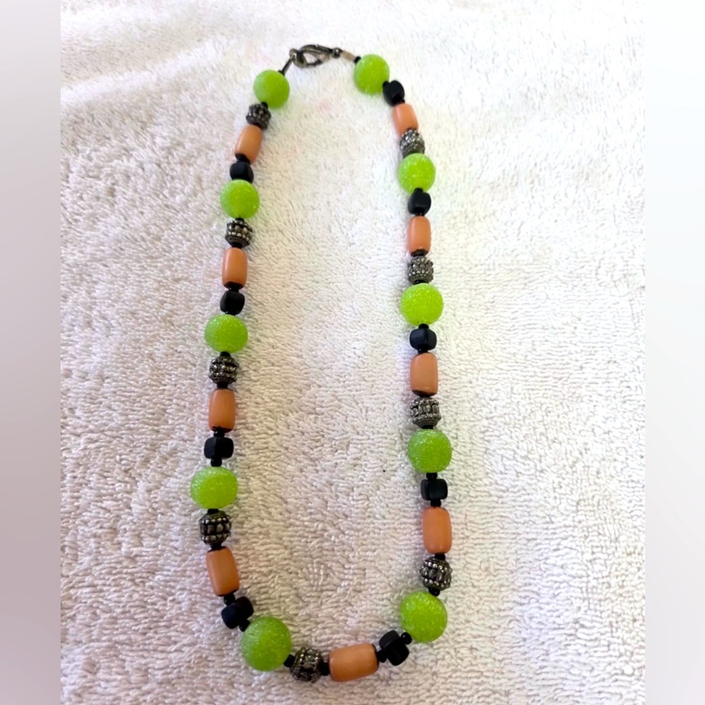 Vintage Beaded Necklace with Lime Green and Black Accents